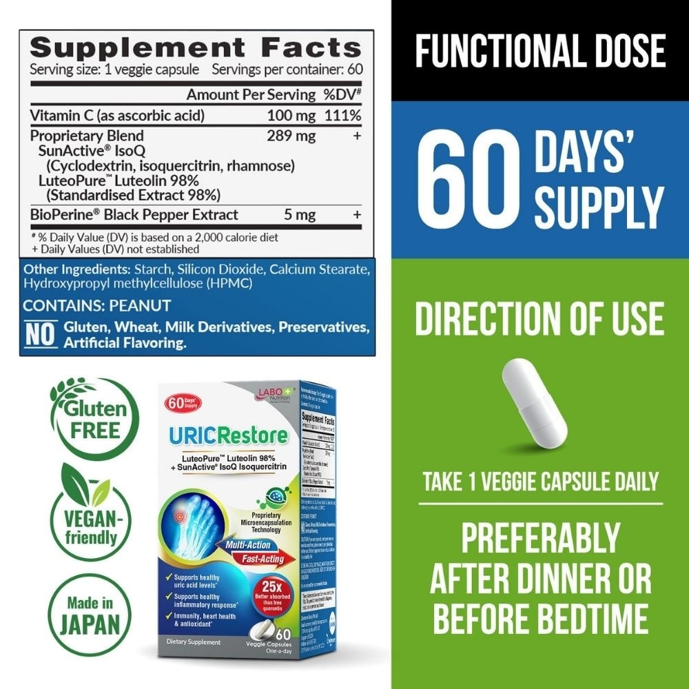 URICRestore Luteolin & Quercetin Veggie Capsule (Healthy Uric Acid Level and Gout Joint Kidney Support) 60s