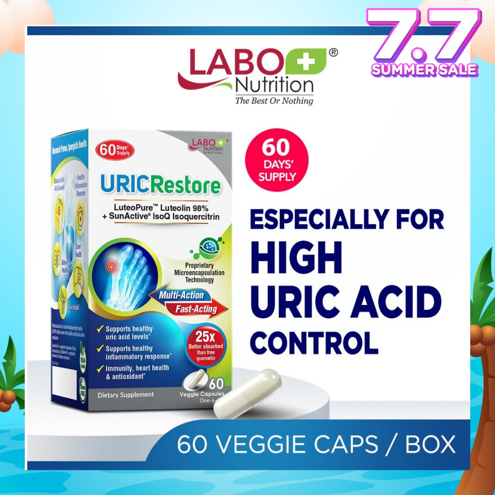 URICRestore Dietary Supplement Veggie Cap (Luteolin & Quercetin For Healthy Uric Acid Level & Gout Joint Kidney Support) 60s
