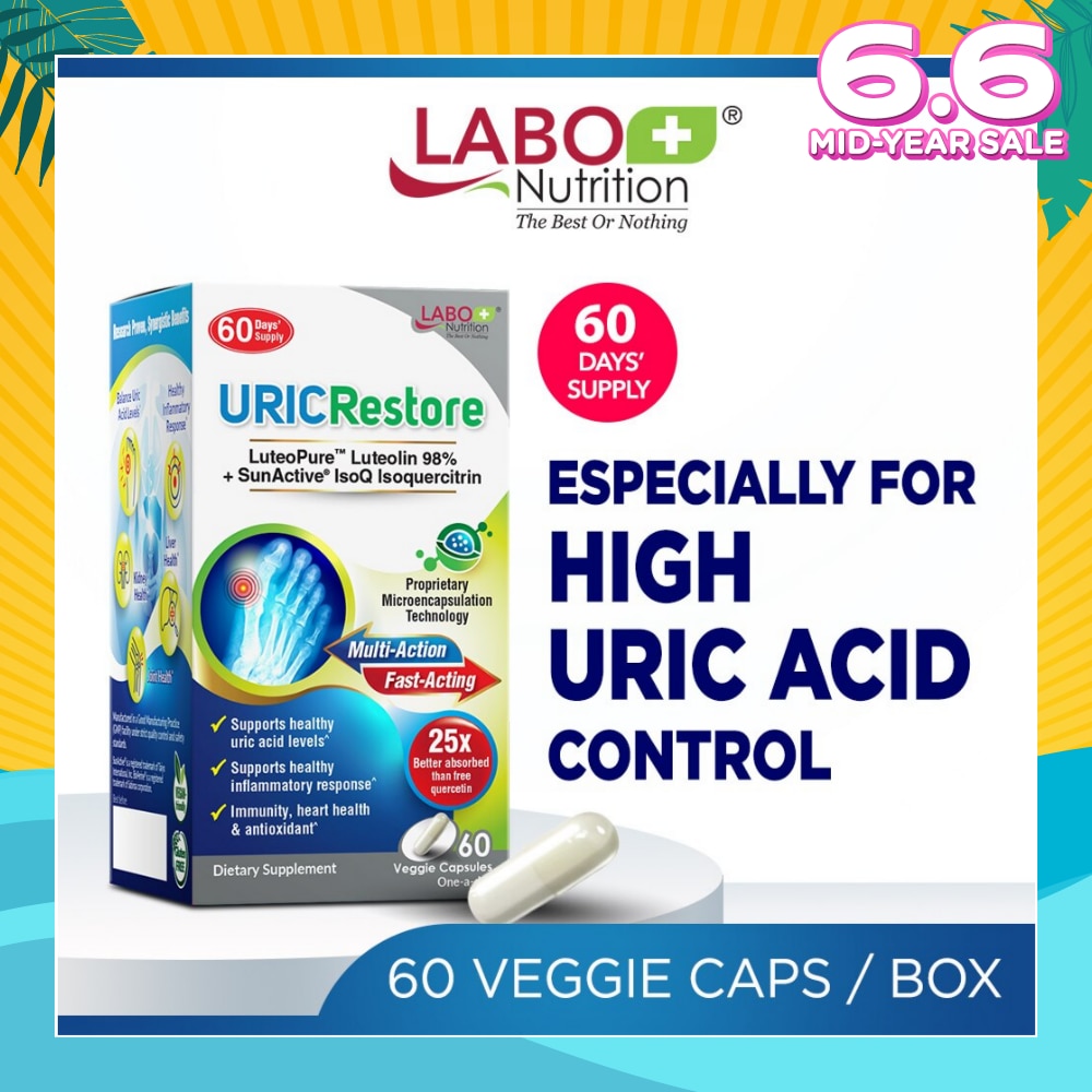 URICRestore Dietary Supplement Veggie Cap (Luteolin & Quercetin For Healthy Uric Acid Level & Gout Joint Kidney Support) 60s
