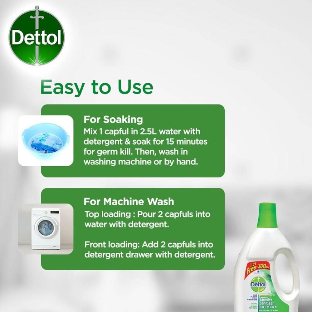 Dettol Laundry Sanitizer Fresh Pine 1.2L + 300ml (Kills 99.9% Germs)