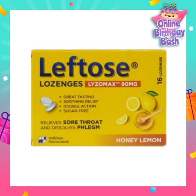 LEFTOSE Lozenges Lyzomax 90mg Honey Lemon Flavour 16 Lozenges