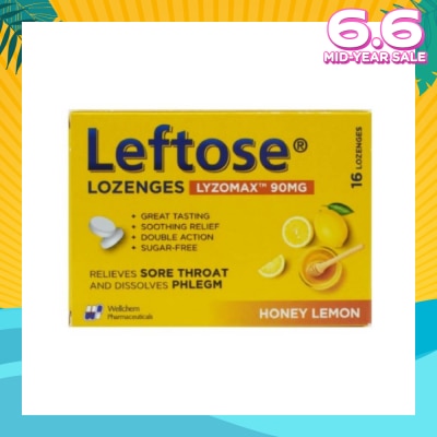 LEFTOSE Lozenges Lyzomax 90mg Honey Lemon Flavour 16 Lozenges