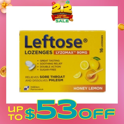 LEFTOSE Lozenges Lyzomax 90mg Honey Lemon Flavour 16 Lozenges
