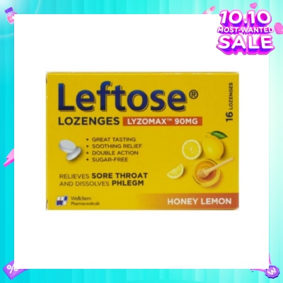 LEFTOSE Lozenges Lyzomax 90mg Honey Lemon Flavour 16 Lozenges