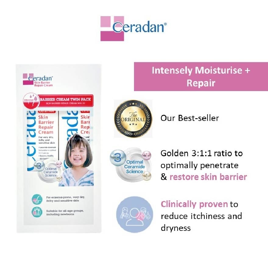 Skin Barrier Repair Cream Packset (3:1:1 Ceramide-dominant Moisturizer + For Eczema-prone, Dry & Sensitive Skin) 80g x 2s