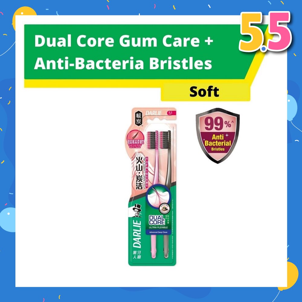 Volcanic Dual Core Gum Care + Anti Bacterial Bristles Charcoal Toothbrush Soft 2s