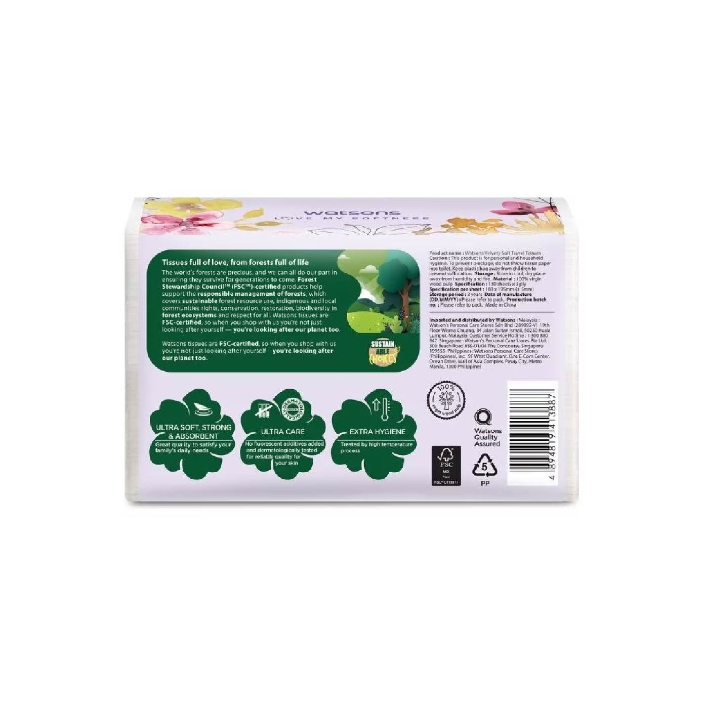 X-Flower Velvety Soft Travel Tissue (Strong & Absorbent, Dermatologically Tested) 3-Ply 130s x 4 Packs x 16 (Per Carton)