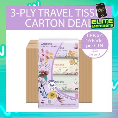 WATSONS X-Flower Velvety Soft Travel Tissue (Strong & Absorbent, Dermatologically Tested) 3-Ply 130s x 4 Packs x 16 (Per Carton)