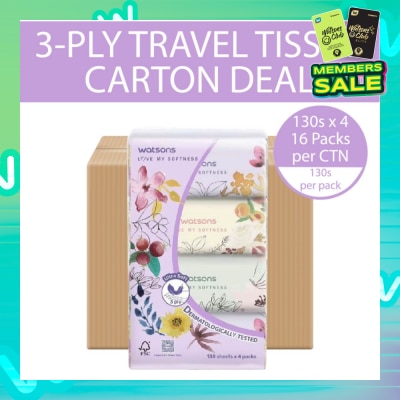 WATSONS X-Flower Velvety Soft Travel Tissue (Strong & Absorbent, Dermatologically Tested) 3-Ply 130s x 4 Packs x 16 (Per Carton)