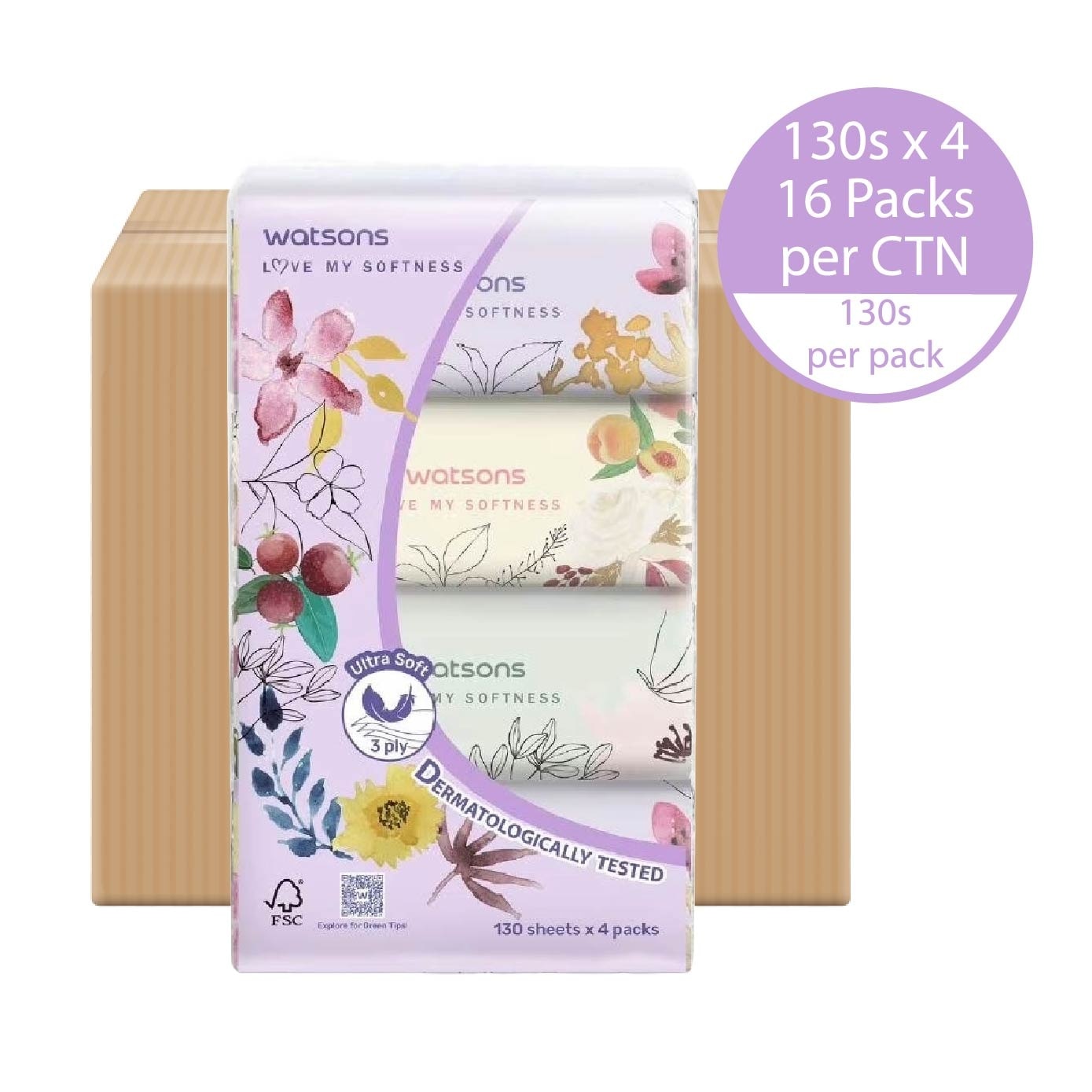 X-Flower Velvety Soft Travel Tissue (Strong & Absorbent, Dermatologically Tested) 3-Ply 130s x 4 Packs x 16 (Per Carton)