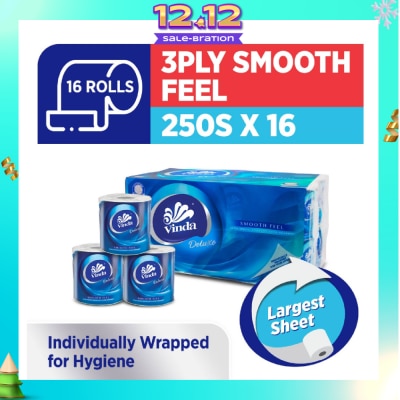 VINDA Deluxe Smooth Feel 3-Ply Largest Sheet Roll 250s x 16 Roll