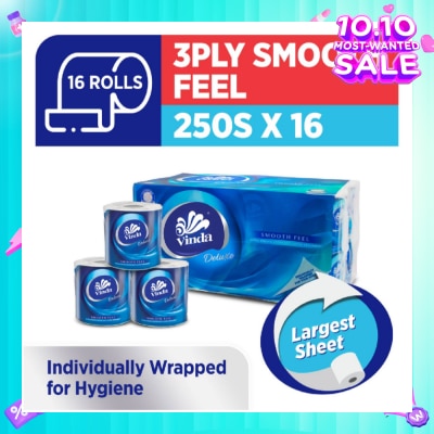 VINDA Deluxe Smooth Feel 3-Ply Largest Sheet Roll 250s x 16 Roll