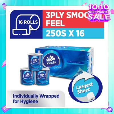 VINDA Deluxe Smooth Feel 3-Ply Largest Sheet Roll 250s x 16 Roll