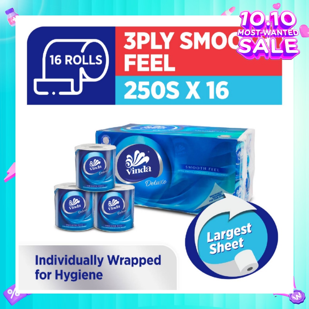 Deluxe Smooth Feel 3-Ply Largest Sheet Roll 250s x 16 Roll