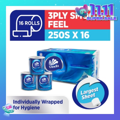 VINDA Deluxe Smooth Feel 3-Ply Largest Sheet Roll 250s x 16 Roll