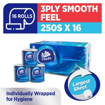 VINDA Deluxe Smooth Feel 3-Ply Largest Sheet Roll 250s x 16 Roll