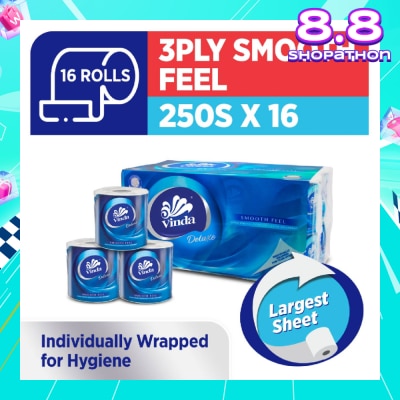 VINDA Deluxe Smooth Feel 3-Ply Largest Sheet Roll 250s x 16 Roll