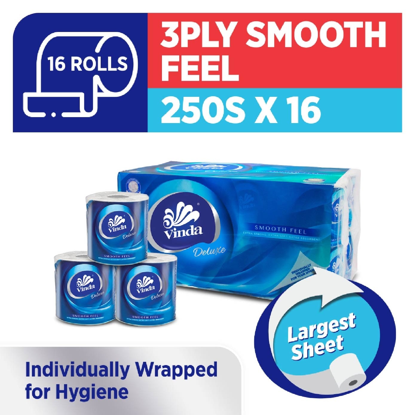 Deluxe Smooth Feel 3-Ply Largest Sheet Roll 250s x 16 Roll