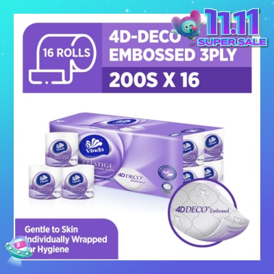 VINDA Prestige 4D-Deco Embossed 3 Ply Roll (Gentle To Skin, Individually Wrapped For Hygiene) 200s x 16s