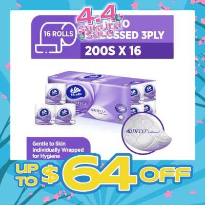 VINDA - Prestige 4D-Deco Embossed 3 Ply Roll (Gentle To Skin, Individually Wrapped For Hygiene) 200s x 16s