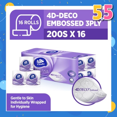 VINDA Prestige 4D-Deco Embossed 3 Ply Roll (Gentle To Skin, Individually Wrapped For Hygiene) 200s x 16s