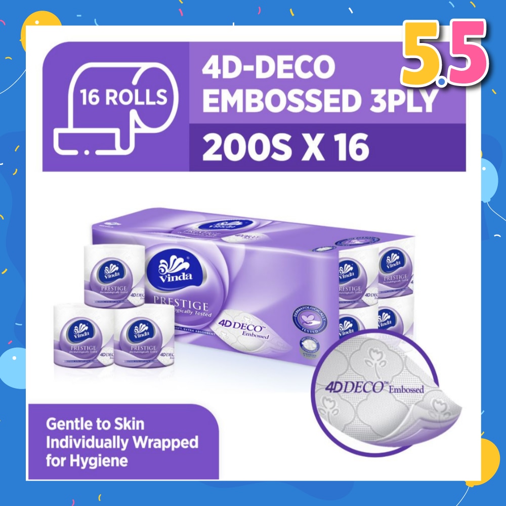 Prestige 4D-Deco Embossed 3 Ply Roll (Gentle To Skin, Individually Wrapped For Hygiene) 200s x 16s