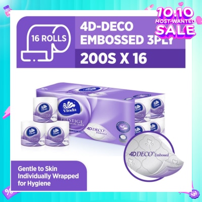 VINDA Prestige 4D-Deco Embossed 3 Ply Roll (Gentle To Skin, Individually Wrapped For Hygiene) 200s x 16s