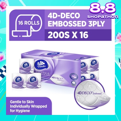 VINDA Prestige 4D-Deco Embossed 3 Ply Roll (Gentle To Skin, Individually Wrapped For Hygiene) 200s x 16s
