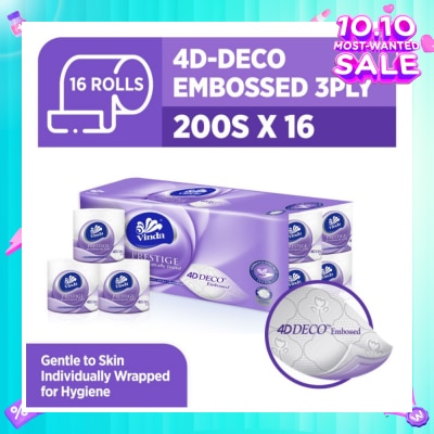 VINDA Prestige 4D-Deco Embossed 3 Ply Roll (Gentle To Skin, Individually Wrapped For Hygiene) 200s x 16s