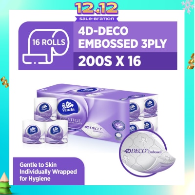 VINDA Prestige 4D-Deco Embossed 3 Ply Roll (Gentle To Skin, Individually Wrapped For Hygiene) 200s x 16s
