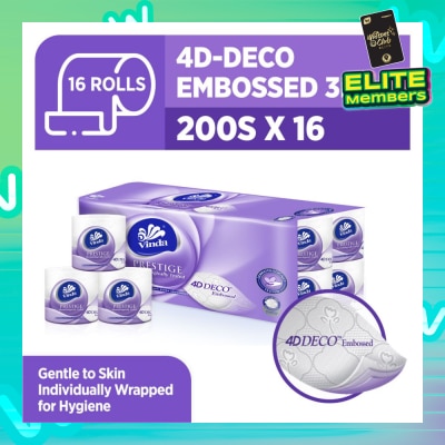 VINDA Prestige 4D-Deco Embossed 3 Ply Roll (Gentle To Skin, Individually Wrapped For Hygiene) 200s x 16s