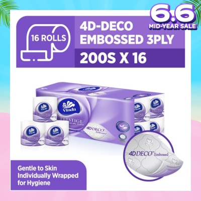 VINDA Prestige 4D-Deco Embossed 3 Ply Roll (Gentle To Skin, Individually Wrapped For Hygiene) 200s x 16s