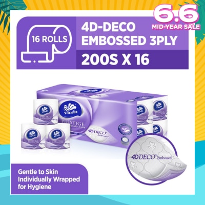 VINDA Prestige 4D-Deco Embossed 3 Ply Roll (Gentle To Skin, Individually Wrapped For Hygiene) 200s x 16s