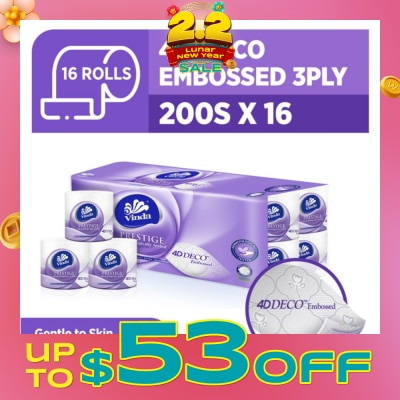 VINDA Prestige 4D-Deco Embossed 3 Ply Roll (Gentle To Skin, Individually Wrapped For Hygiene) 200s x 16s