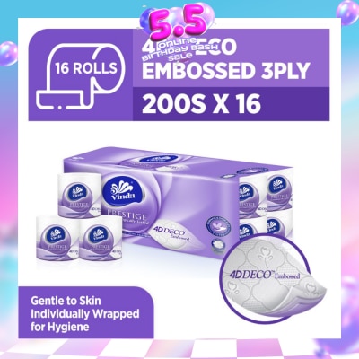 VINDA - Prestige 4D-Deco Embossed 3 Ply Roll (Gentle To Skin, Individually Wrapped For Hygiene) 200s x 16s