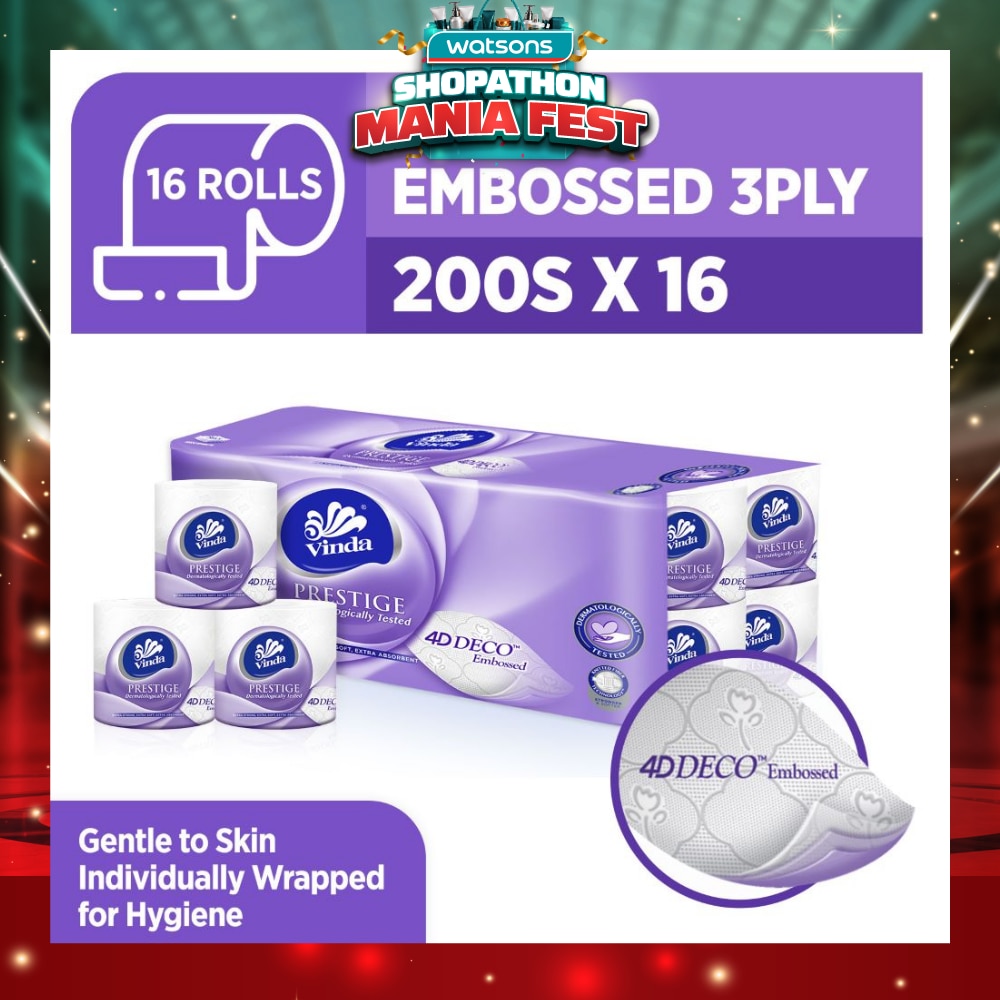 Prestige 4D-Deco Embossed 3 Ply Roll (Gentle To Skin, Individually Wrapped For Hygiene) 200s x 16s