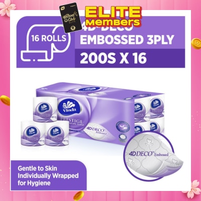 VINDA Prestige 4D-Deco Embossed 3 Ply Roll (Gentle To Skin, Individually Wrapped For Hygiene) 200s x 16s