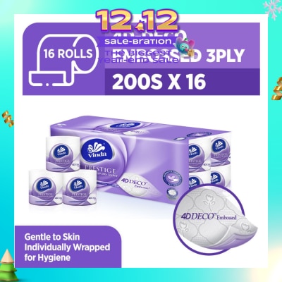 VINDA Prestige 4D-Deco Embossed 3 Ply Roll (Gentle To Skin, Individually Wrapped For Hygiene) 200s x 16s