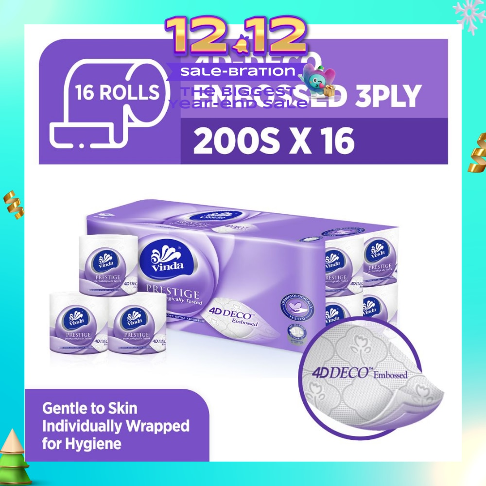 Prestige 4D-Deco Embossed 3 Ply Roll (Gentle To Skin, Individually Wrapped For Hygiene) 200s x 16s