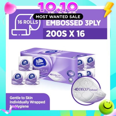 VINDA Prestige 4D Deco Embossed 3 Ply Roll (Gentle To Skin, Individually Wrapped For Hygiene) 200s x 16s image