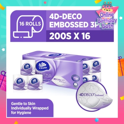 VINDA Prestige 4D-Deco Embossed 3 Ply Roll (Gentle To Skin, Individually Wrapped For Hygiene) 200s x 16s