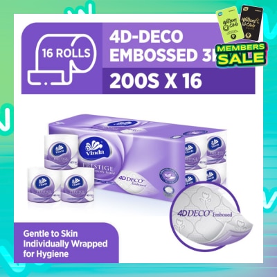 VINDA Prestige 4D-Deco Embossed 3 Ply Roll (Gentle To Skin, Individually Wrapped For Hygiene) 200s x 16s
