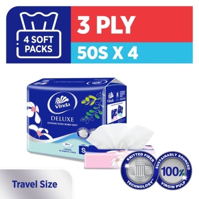 VINDA Deluxe Strong Even When Wet 3Ply Travel Size Pack 50s x 4