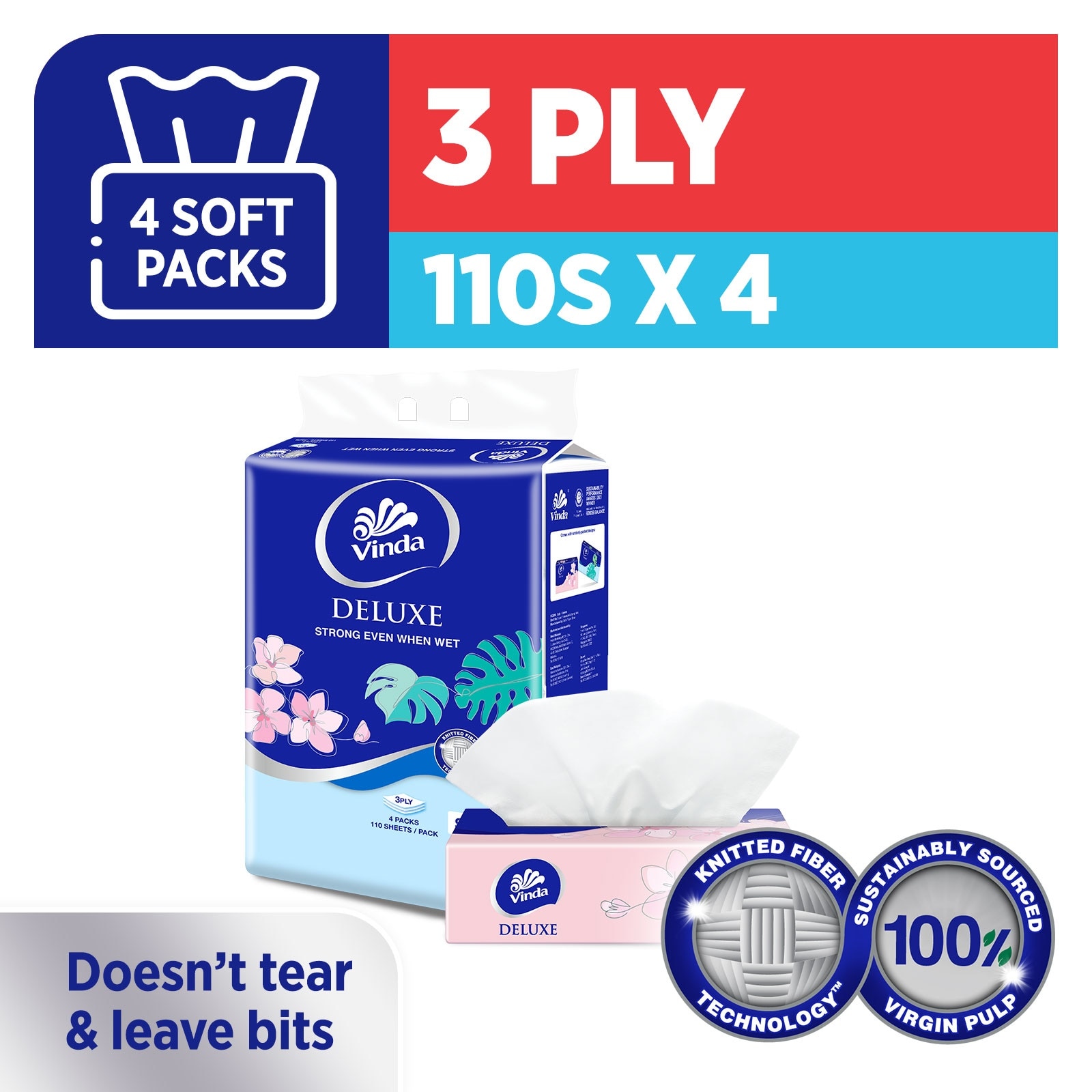 Deluxe Strong Even When Wet 3-Ply Soft Pack Set 50s x 4