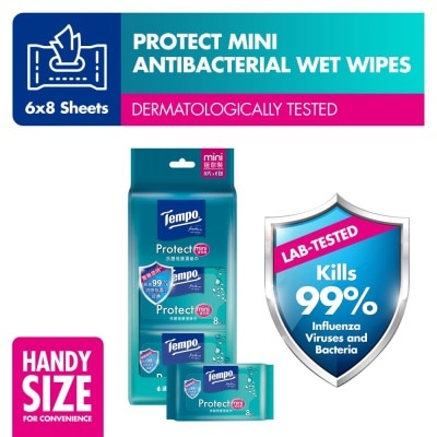 TEMPO Protect Mini Antibacterial Wet Wipes Handy Size (Kills 00% Influenza Viruses & Bacteria) 6 x 8 Sheets