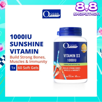 OCEAN HEALTH Vitamin D3 1000IU Softgel (Builds Strong Bones, Muscles & Immunity + Halal) 60s