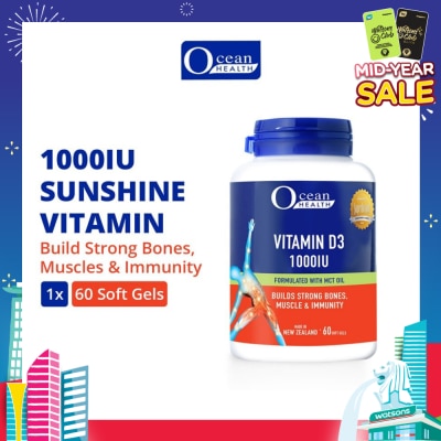 OCEAN HEALTH Vitamin D3 1000IU Softgel (Builds Strong Bones, Muscles & Immunity + Halal) 60s