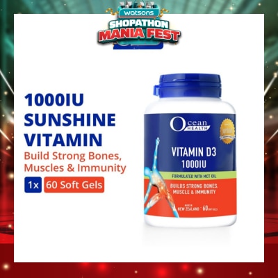 OCEAN HEALTH - Vitamin D3 1000IU Softgel (Builds Strong Bones, Muscles & Immunity + Halal) 60s
