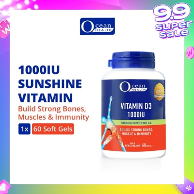OCEAN HEALTH Vitamin D3 1000IU Softgel (Builds Strong Bones, Muscles & Immunity + Halal) 60s