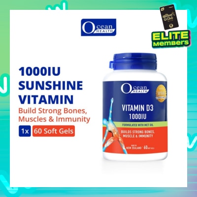 OCEAN HEALTH Vitamin D3 1000IU Softgel (Builds Strong Bones, Muscles & Immunity + Halal) 60s